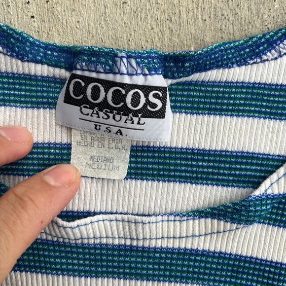 VTG Y2k Striped T Shirt Dress Short Sleeve Lettuce Hem Teal White Medium - Picture 2 of 5